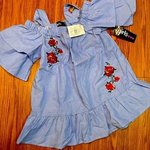 Kids baby blue open shoulders blouse with embroidered red roses